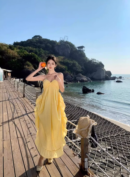 Artistic A-Line Backless Yellow Maxi Dress Dreamy Plaid Flowy Ruffles Halter Long Dress AP3446