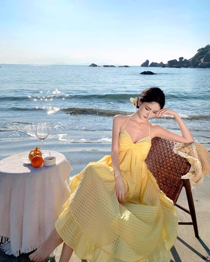 Artistic A-Line Backless Yellow Maxi Dress Dreamy Plaid Flowy Ruffles Halter Long Dress AP3446