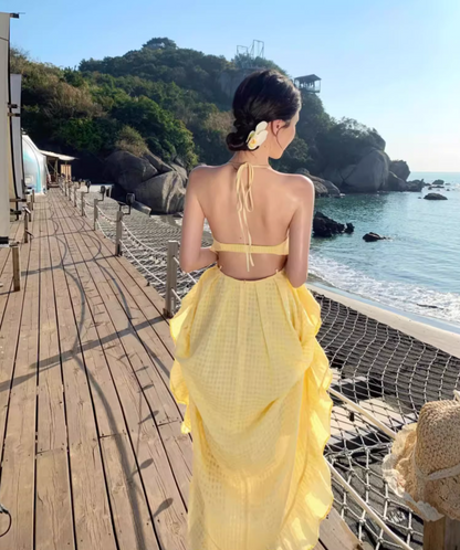 Artistic A-Line Backless Yellow Maxi Dress Dreamy Plaid Flowy Ruffles Halter Long Dress AP3446