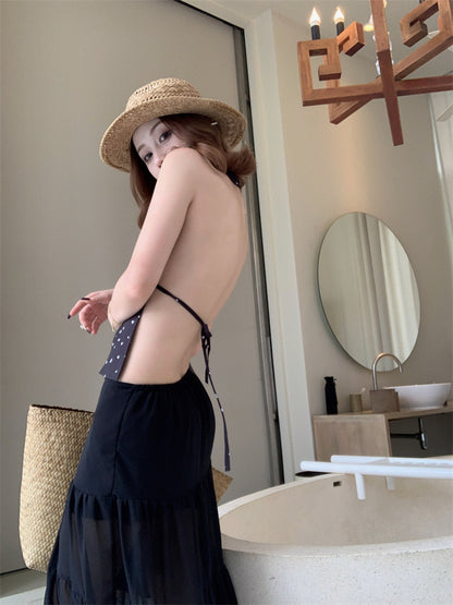 Vintage A-Line Polka Dots Maxi Dress Boho-Style Cinched-Waist Flowy Tulle Skirt Backless Halter Long Dress AP3447