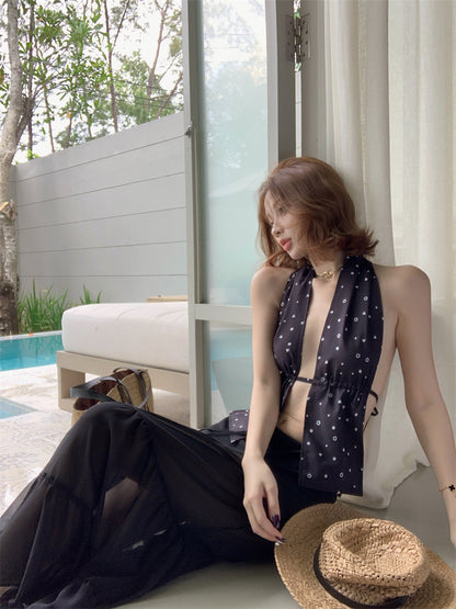 Vintage A-Line Polka Dots Maxi Dress Boho-Style Cinched-Waist Flowy Tulle Skirt Backless Halter Long Dress AP3447