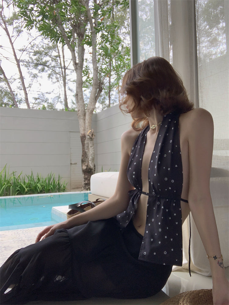 Vintage A-Line Polka Dots Maxi Dress Boho-Style Cinched-Waist Flowy Tulle Skirt Backless Halter Long Dress AP3447