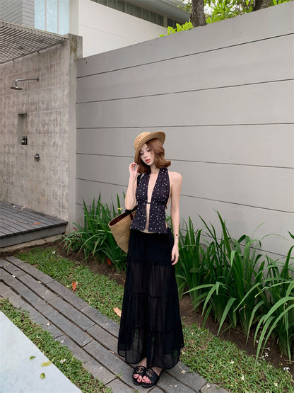 Vintage A-Line Polka Dots Maxi Dress Boho-Style Cinched-Waist Flowy Tulle Skirt Backless Halter Long Dress AP3447