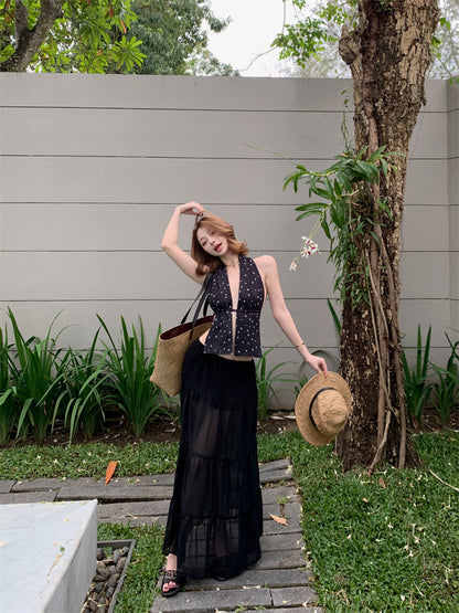 Vintage A-Line Polka Dots Maxi Dress Boho-Style Cinched-Waist Flowy Tulle Skirt Backless Halter Long Dress AP3447