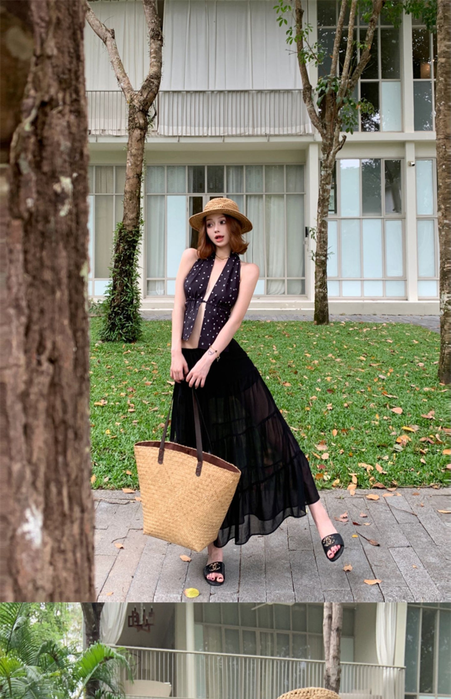 Vintage A-Line Polka Dots Maxi Dress Boho-Style Cinched-Waist Flowy Tulle Skirt Backless Halter Long Dress AP3447