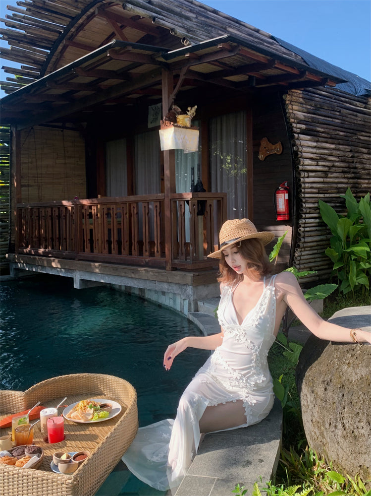 Cute Spaghetti Strap Mermaid Maxi Dress Charming Appliques White Side Slit Long Dress AP3448