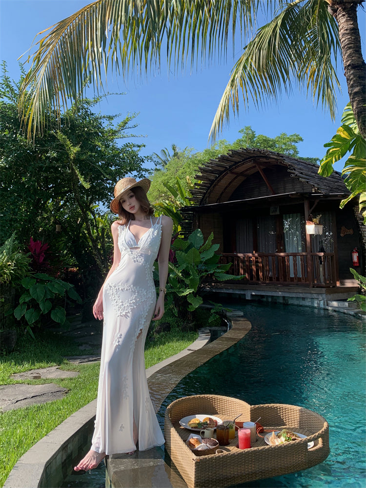 Cute Spaghetti Strap Mermaid Maxi Dress Charming Appliques White Side Slit Long Dress AP3448