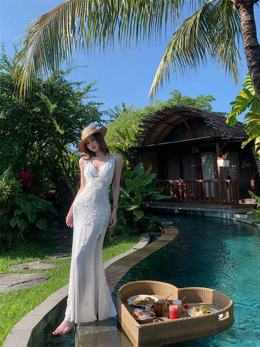 Cute Spaghetti Strap Mermaid Maxi Dress Charming Appliques White Side Slit Long Dress AP3448