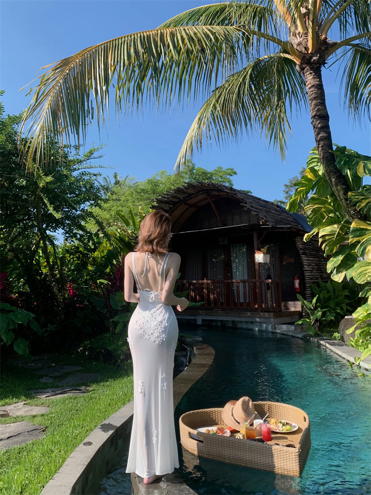 Cute Spaghetti Strap Mermaid Maxi Dress Charming Appliques White Side Slit Long Dress AP3448