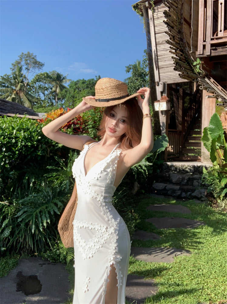 Cute Spaghetti Strap Mermaid Maxi Dress Charming Appliques White Side Slit Long Dress AP3448