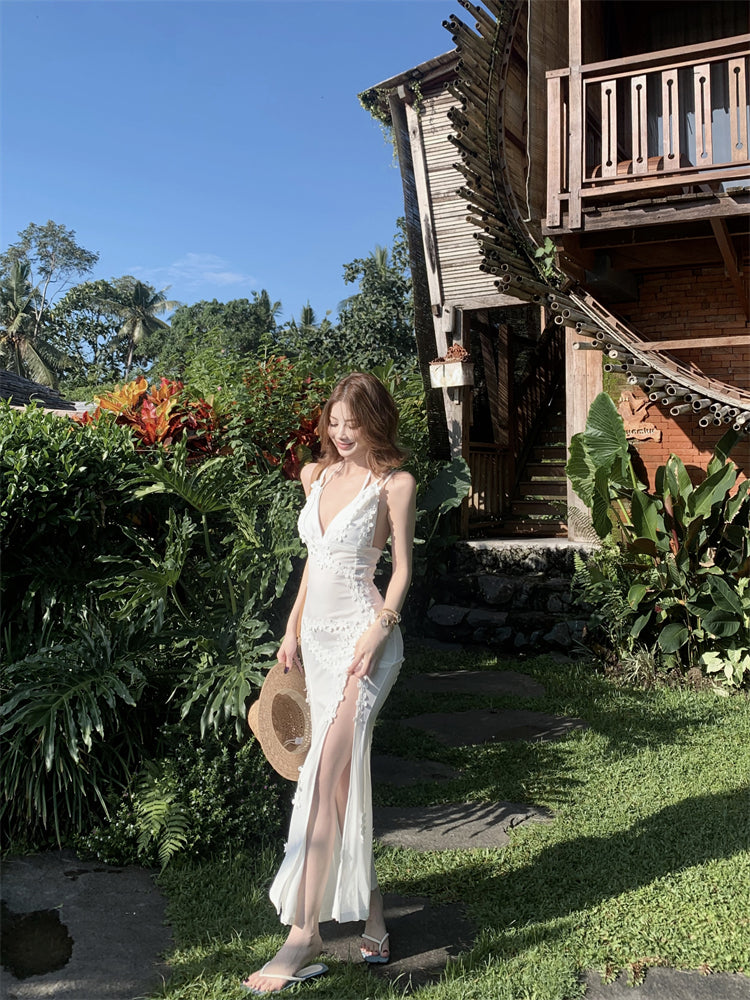 Cute Spaghetti Strap Mermaid Maxi Dress Charming Appliques White Side Slit Long Dress AP3448