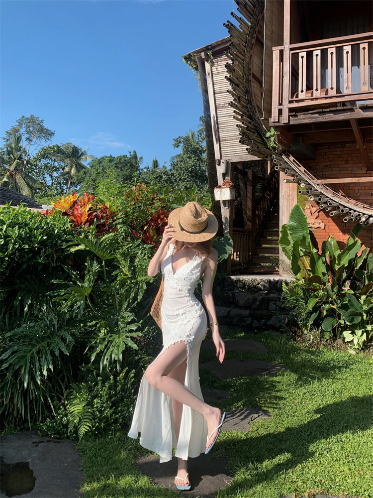 Cute Spaghetti Strap Mermaid Maxi Dress Charming Appliques White Side Slit Long Dress AP3448