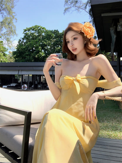 Sweet Yellow A-Line Off-Shoulder Maxi Dresses Y2K Style Tie-Back Cutout Backless Long Dress AP3449