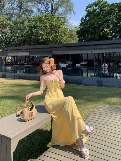 Sweet Yellow A-Line Off-Shoulder Maxi Dresses Y2K Style Tie-Back Cutout Backless Long Dress AP3449