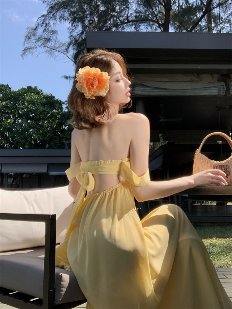 Sweet Yellow A-Line Off-Shoulder Maxi Dresses Y2K Style Tie-Back Cutout Backless Long Dress AP3449