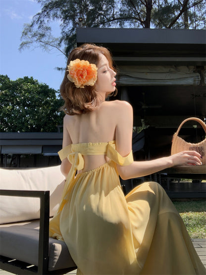 Sweet Yellow A-Line Off-Shoulder Maxi Dresses Y2K Style Tie-Back Cutout Backless Long Dress AP3449