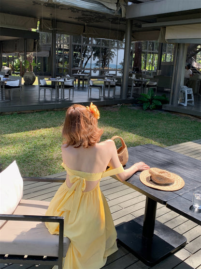 Sweet Yellow A-Line Off-Shoulder Maxi Dresses Y2K Style Tie-Back Cutout Backless Long Dress AP3449