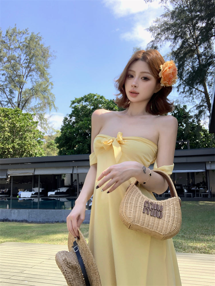 Sweet Yellow A-Line Off-Shoulder Maxi Dresses Y2K Style Tie-Back Cutout Backless Long Dress AP3449