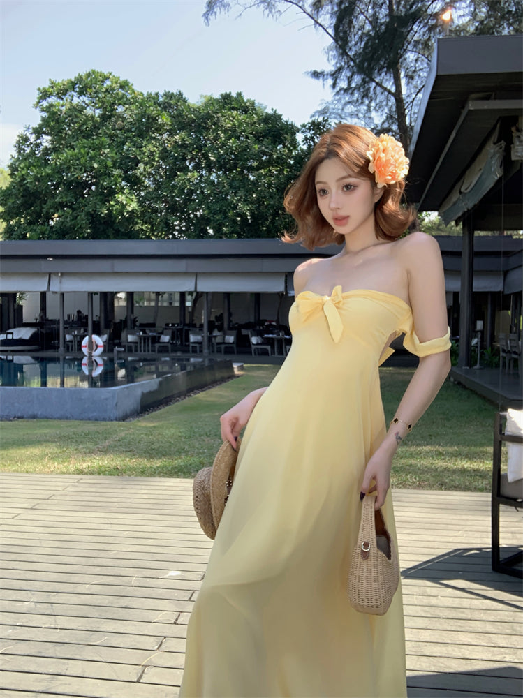 Sweet Yellow A-Line Off-Shoulder Maxi Dresses Y2K Style Tie-Back Cutout Backless Long Dress AP3449