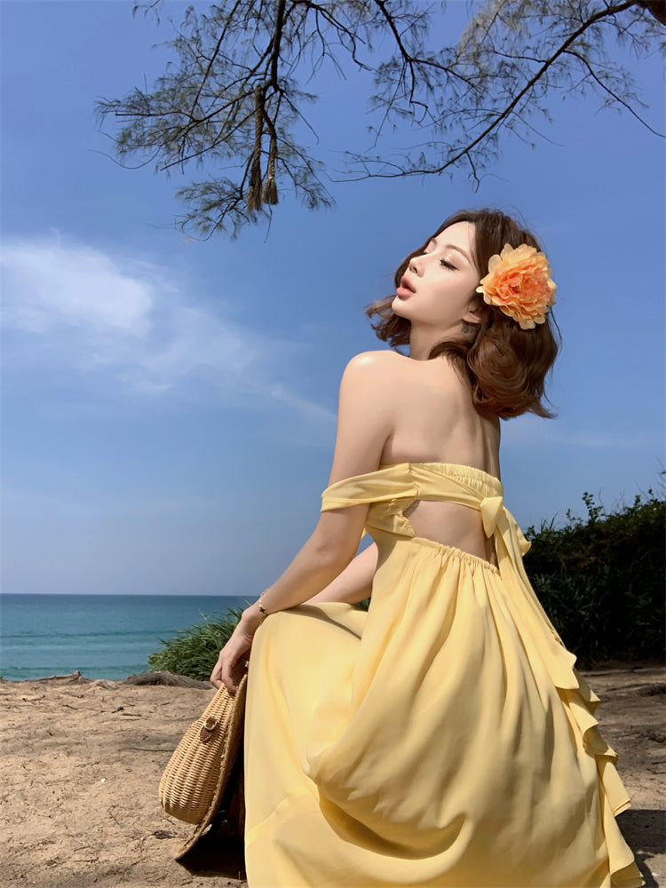 Sweet Yellow A-Line Off-Shoulder Maxi Dresses Y2K Style Tie-Back Cutout Backless Long Dress AP3449