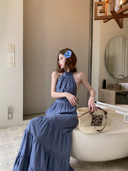 Fantastic A-Line Ruffles Maxi Dress  Vintage Backless Tie-Back Sleeveless Halter Long Dress AP3450