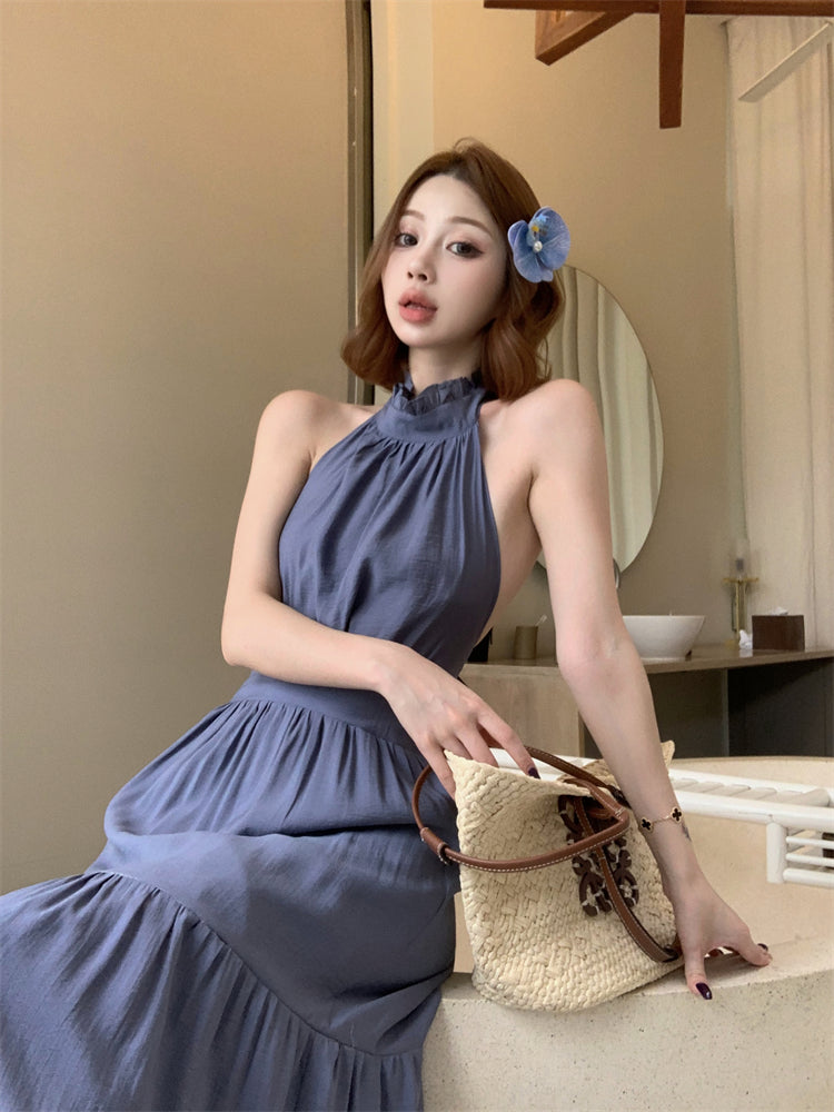 Fantastic A-Line Ruffles Maxi Dress  Vintage Backless Tie-Back Sleeveless Halter Long Dress AP3450