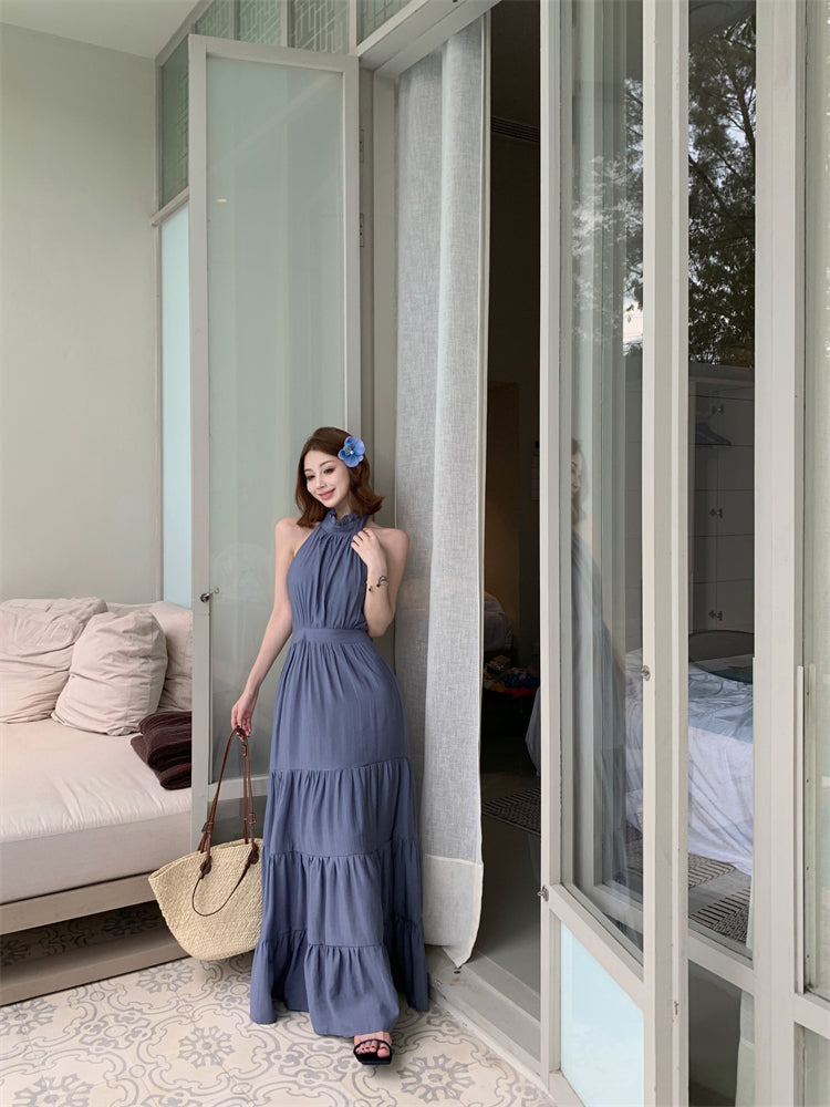 Fantastic A-Line Ruffles Maxi Dress  Vintage Backless Tie-Back Sleeveless Halter Long Dress AP3450