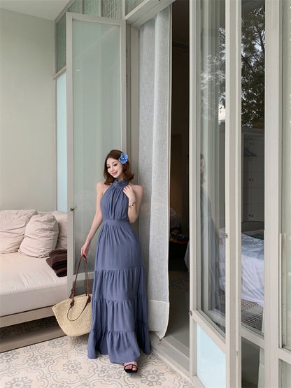 Fantastic A-Line Ruffles Maxi Dress  Vintage Backless Tie-Back Sleeveless Halter Long Dress AP3450