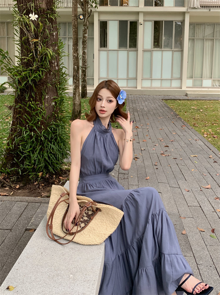 Fantastic A-Line Ruffles Maxi Dress  Vintage Backless Tie-Back Sleeveless Halter Long Dress AP3450