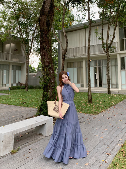 Fantastic A-Line Ruffles Maxi Dress  Vintage Backless Tie-Back Sleeveless Halter Long Dress AP3450