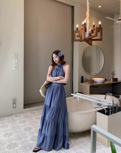 Fantastic A-Line Ruffles Maxi Dress  Vintage Backless Tie-Back Sleeveless Halter Long Dress AP3450