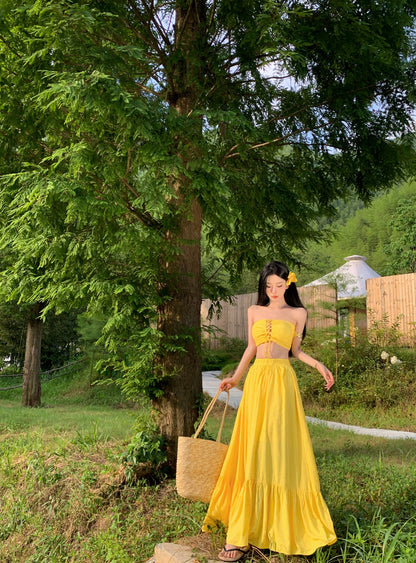 Classical Lace-Up 2-Piece Set Maxi Dresses Romantic A-Line Yellow Strapless Long Dress AP3451