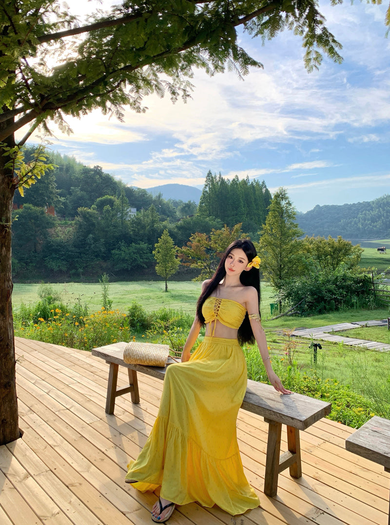 Classical Lace-Up 2-Piece Set Maxi Dresses Romantic A-Line Yellow Strapless Long Dress AP3451