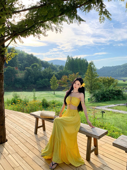 Classical Lace-Up 2-Piece Set Maxi Dresses Romantic A-Line Yellow Strapless Long Dress AP3451