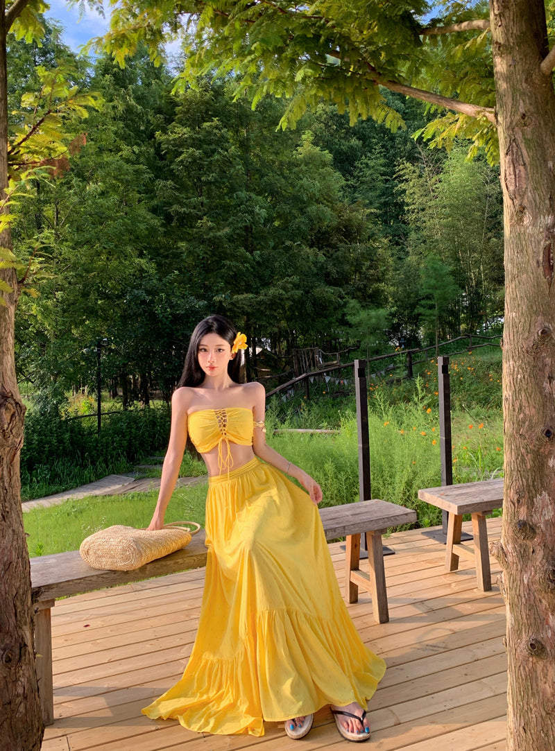Classical Lace-Up 2-Piece Set Maxi Dresses Romantic A-Line Yellow Strapless Long Dress AP3451