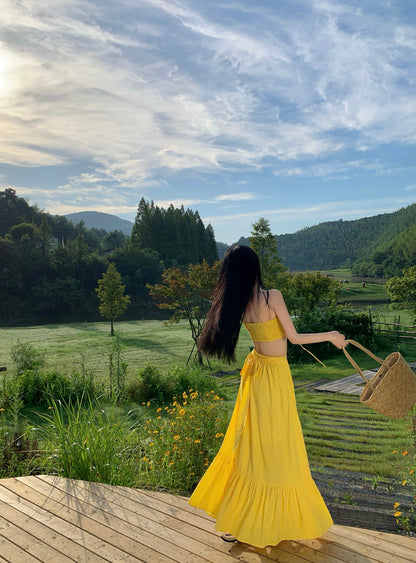 Classical Lace-Up 2-Piece Set Maxi Dresses Romantic A-Line Yellow Strapless Long Dress AP3451