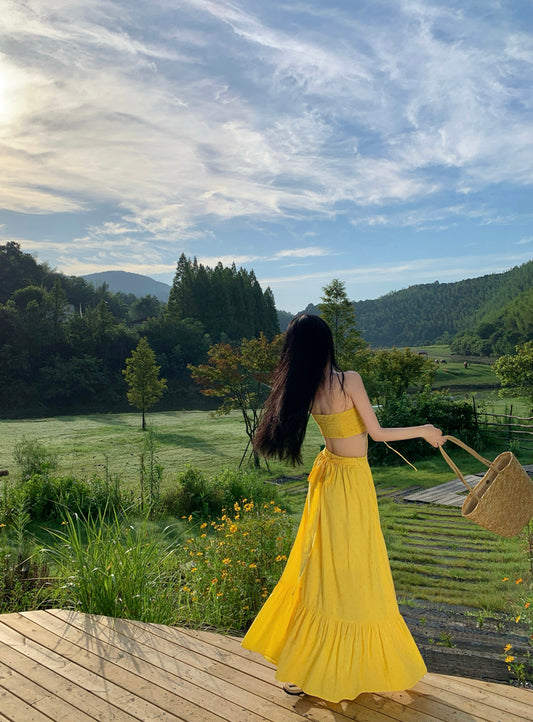 Classical Lace-Up 2-Piece Set Maxi Dresses Romantic A-Line Yellow Strapless Long Dress AP3451