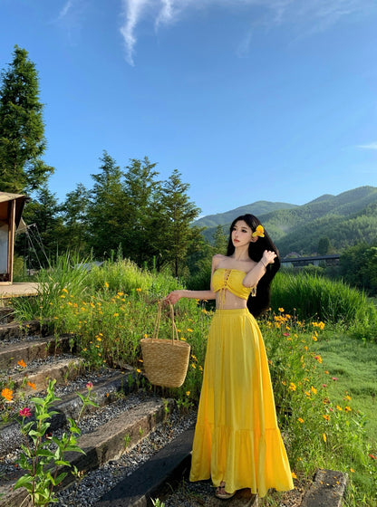 Classical Lace-Up 2-Piece Set Maxi Dresses Romantic A-Line Yellow Strapless Long Dress AP3451