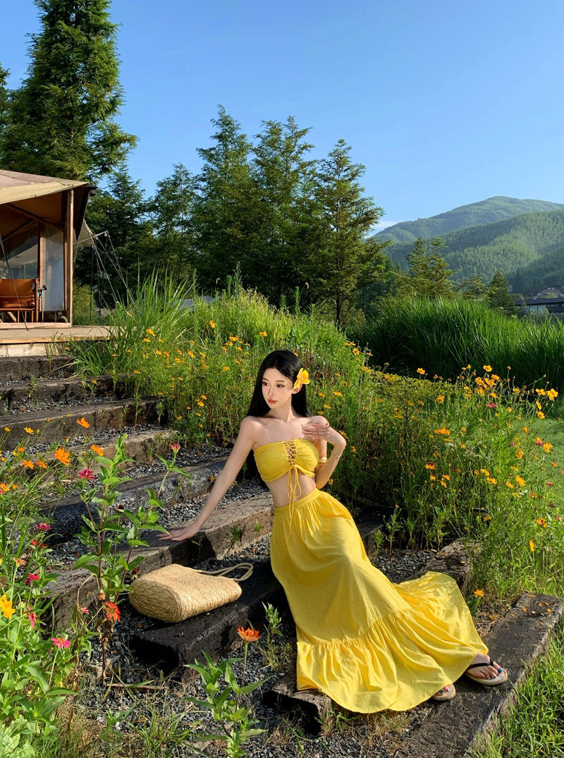 Classical Lace-Up 2-Piece Set Maxi Dresses Romantic A-Line Yellow Strapless Long Dress AP3451