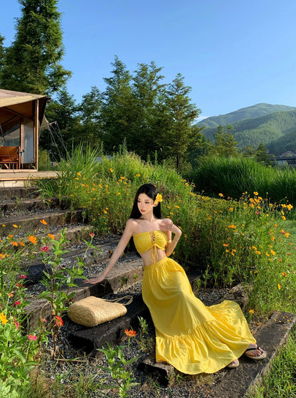 Classical Lace-Up 2-Piece Set Maxi Dresses Romantic A-Line Yellow Strapless Long Dress AP3451