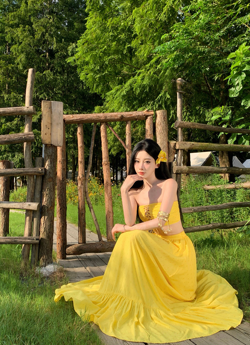 Classical Lace-Up 2-Piece Set Maxi Dresses Romantic A-Line Yellow Strapless Long Dress AP3451