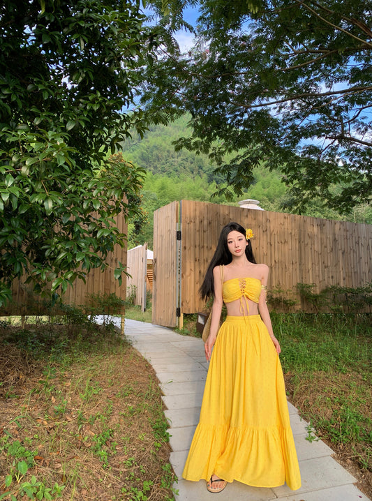 Classical Lace-Up 2-Piece Set Maxi Dresses Romantic A-Line Yellow Strapless Long Dress AP3451