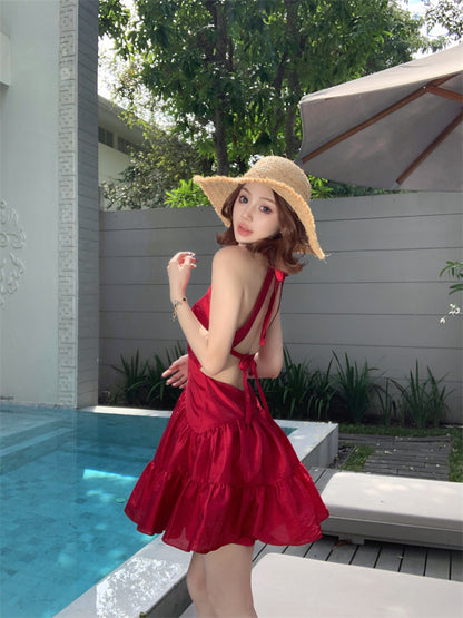 Elegant Tiered Red A-Line Mini Skirt Alluring Backless Tie-Back Parties Outfit Halter Short Dress AP3452