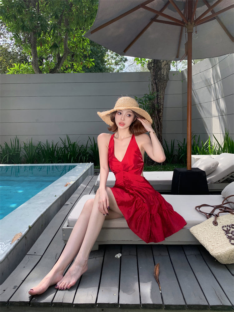 Elegant Tiered Red A-Line Mini Skirt Alluring Backless Tie-Back Parties Outfit Halter Short Dress AP3452