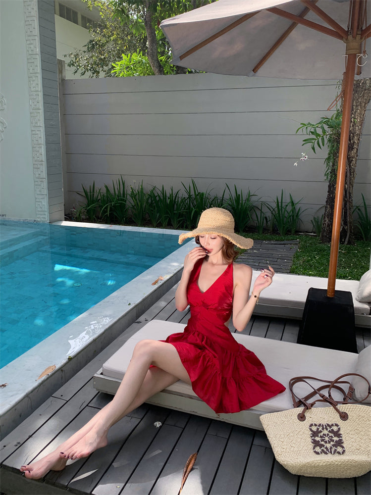 Elegant Tiered Red A-Line Mini Skirt Alluring Backless Tie-Back Parties Outfit Halter Short Dress AP3452