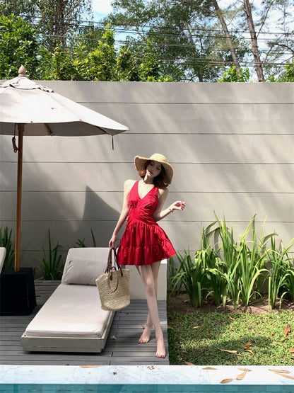 Elegant Tiered Red A-Line Mini Skirt Alluring Backless Tie-Back Parties Outfit Halter Short Dress AP3452