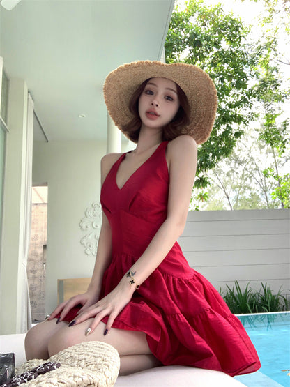 Elegant Tiered Red A-Line Mini Skirt Alluring Backless Tie-Back Parties Outfit Halter Short Dress AP3452