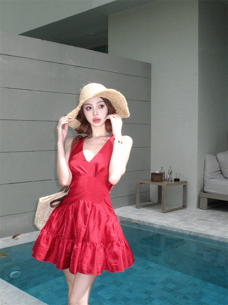 Elegant Tiered Red A-Line Mini Skirt Alluring Backless Tie-Back Parties Outfit Halter Short Dress AP3452