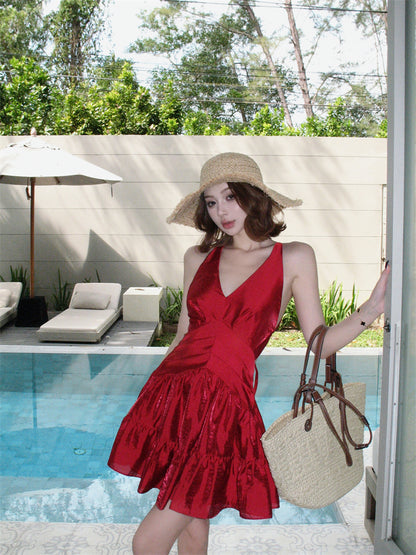 Elegant Tiered Red A-Line Mini Skirt Alluring Backless Tie-Back Parties Outfit Halter Short Dress AP3452