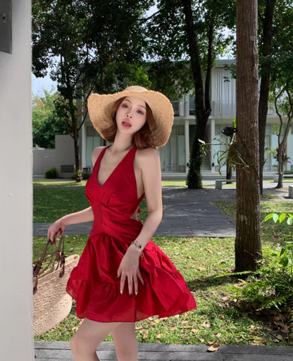Elegant Tiered Red A-Line Mini Skirt Alluring Backless Tie-Back Parties Outfit Halter Short Dress AP3452